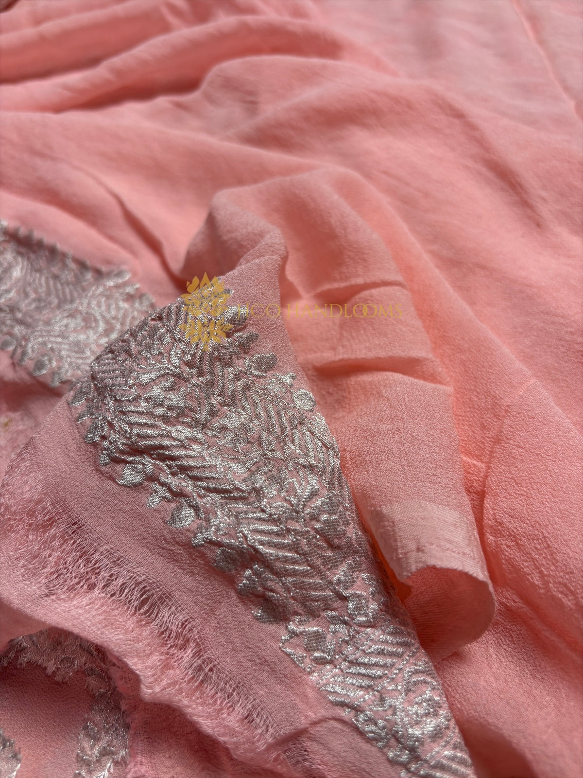 Peach Pure Khaddi Georgette Silk Handloom Banarasi Saree - Silver Zari