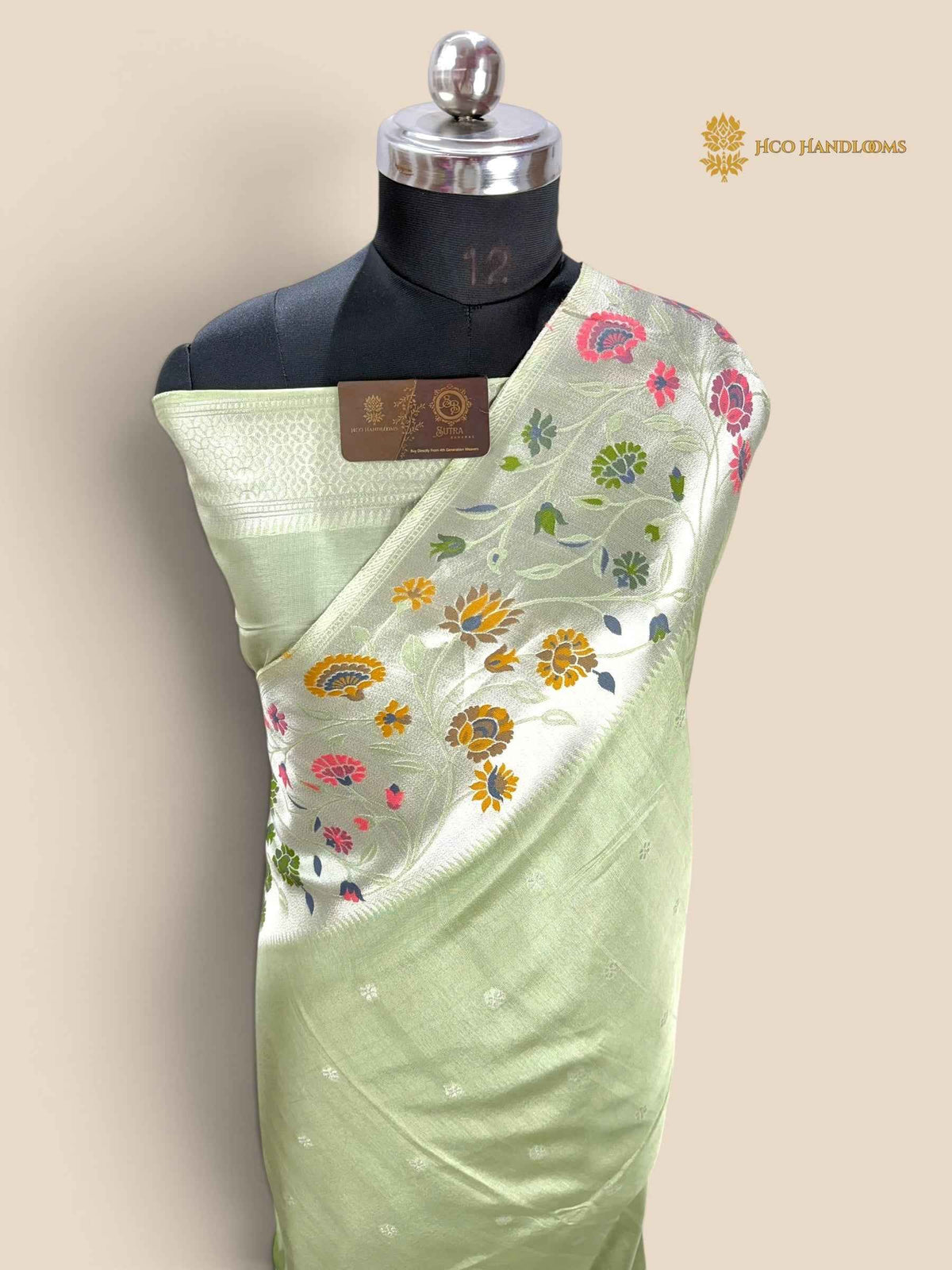 Pastel Green Matka Tussar Silk Banarasi Saree - All Over Motifs & Paithani