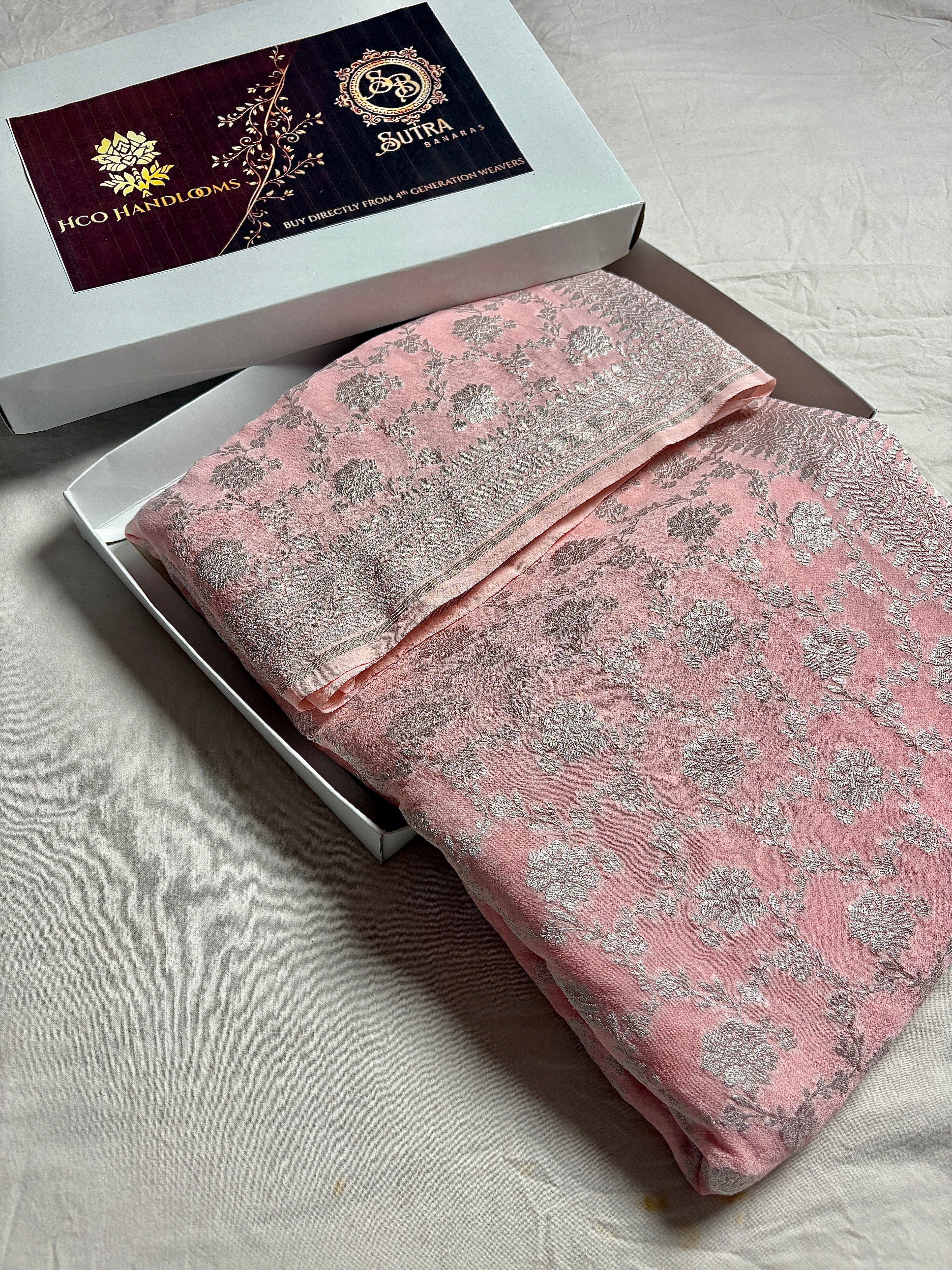 Peach Pure Khaddi Georgette Silk Handloom Banarasi Saree - Silver Zari