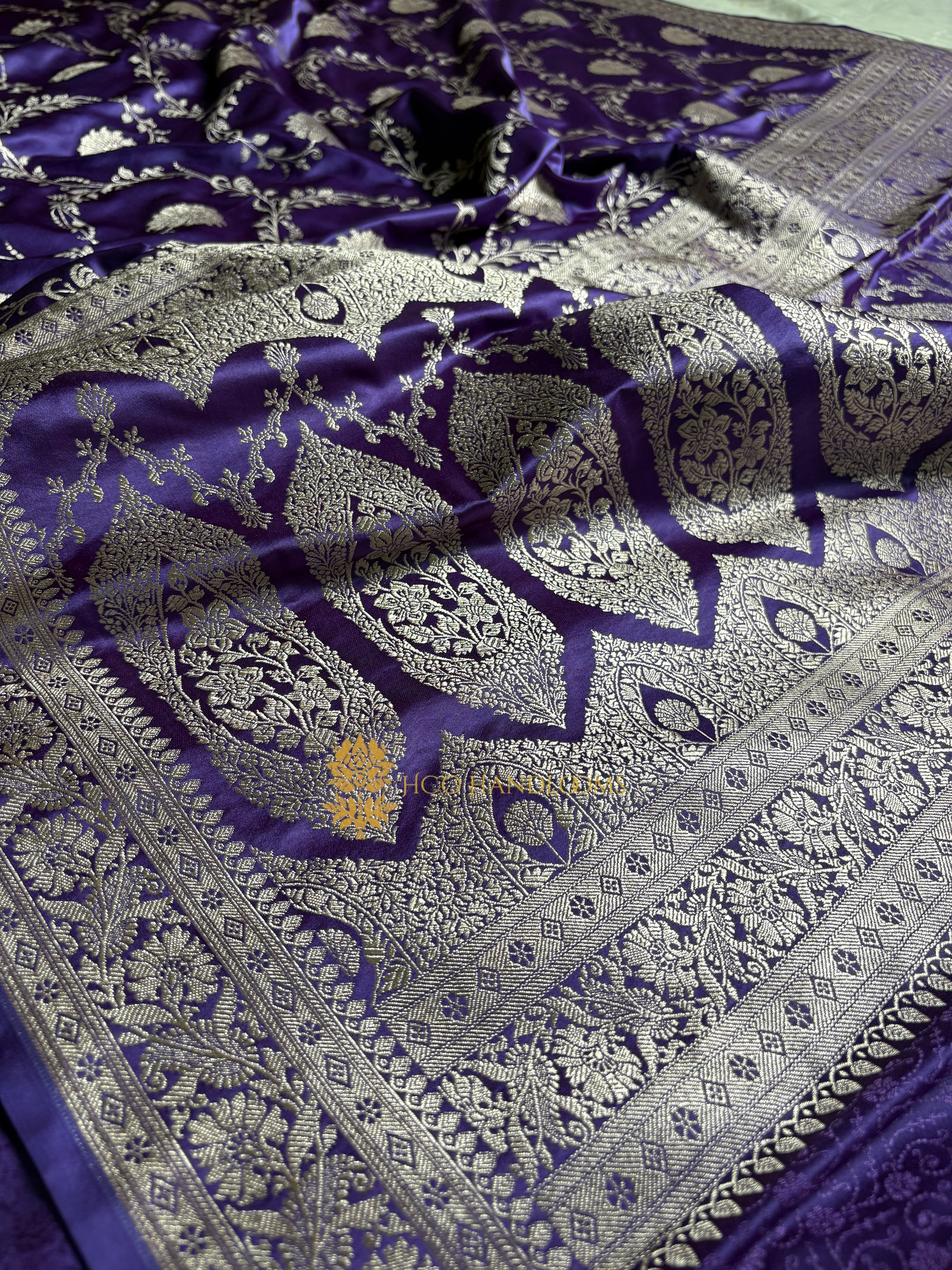 Purple Premium Mashru Katan Silk Floral Jangla Banarasi Saree