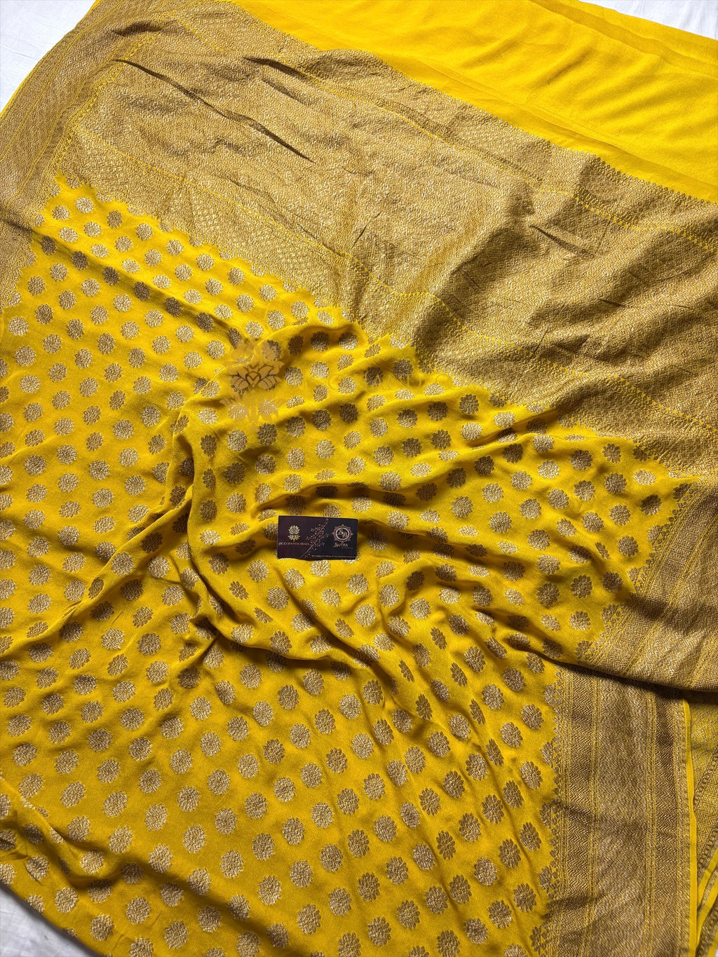 Yellow Pure Khaddi Georgette Silk Handloom Banarasi Saree - Antique Zari