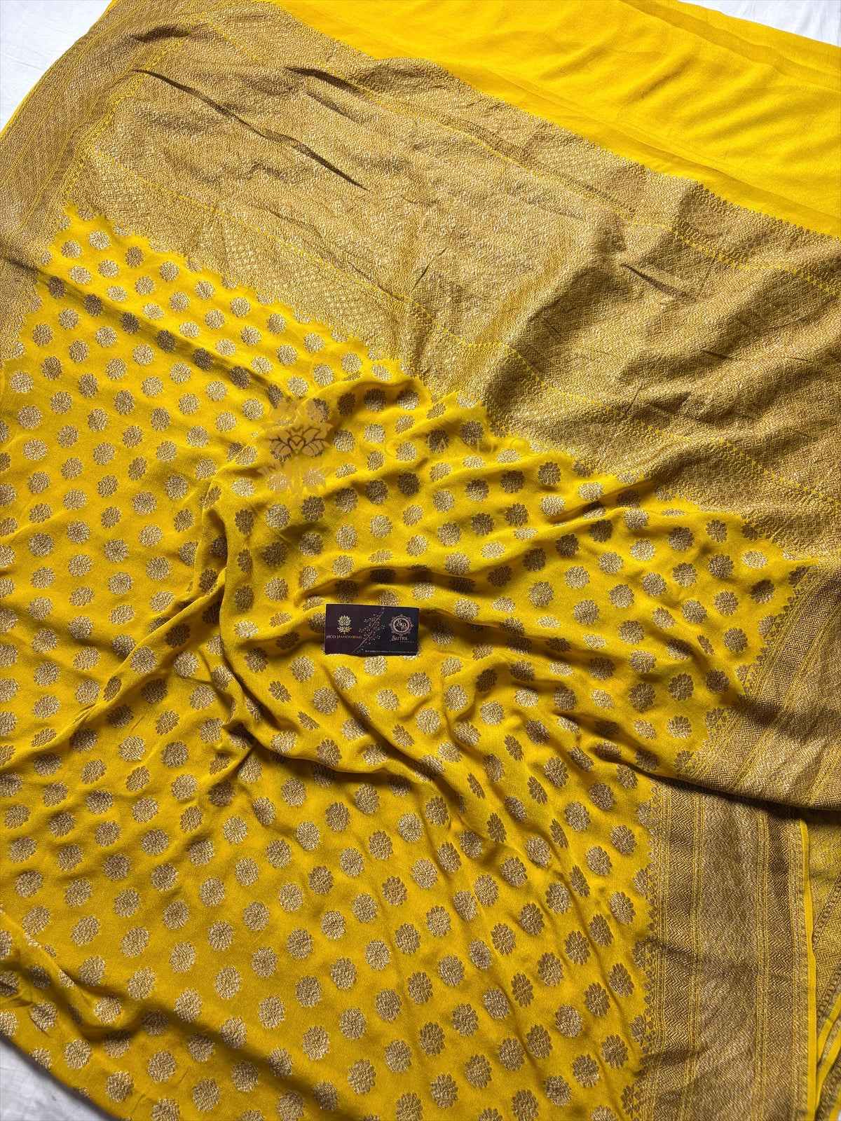 Yellow Pure Khaddi Georgette Silk Handloom Banarasi Saree - Antique Zari