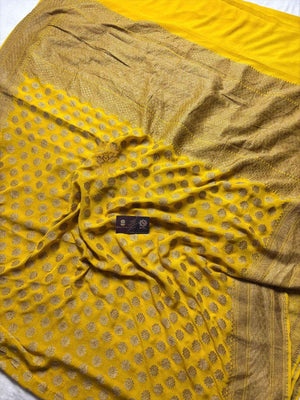 Yellow Pure Khaddi Georgette Silk Handloom Banarasi Saree - Antique Zari