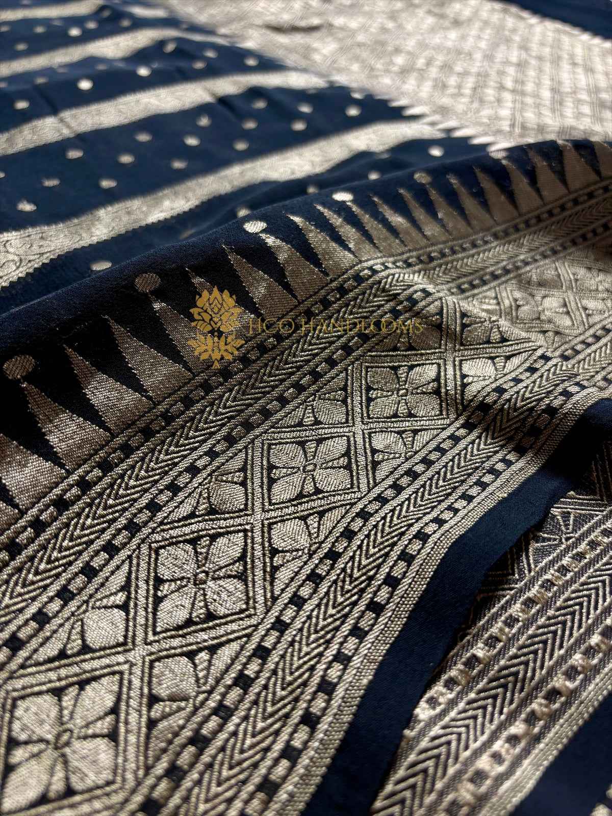 Jet black Pure Khaddi Georgette Silk Handloom Banarasi Saree - Water Zari