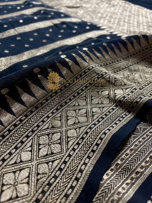 Jet black Pure Khaddi Georgette Silk Handloom Banarasi Saree - Water Zari