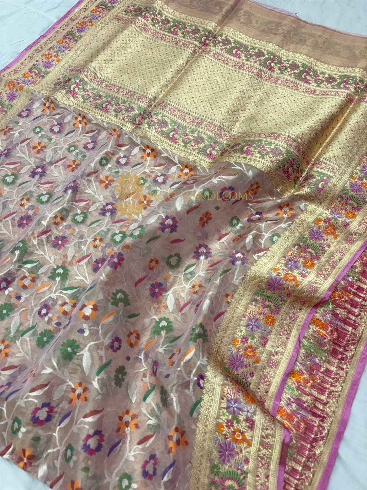 Pure Kora Tissue Jamdani Handloom Banarasi Saree