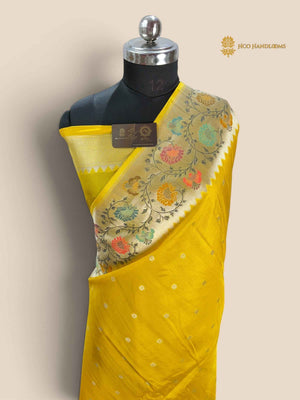 Yellow Matka Tussar Silk Banarasi Saree - All Over Motifs & Paithani