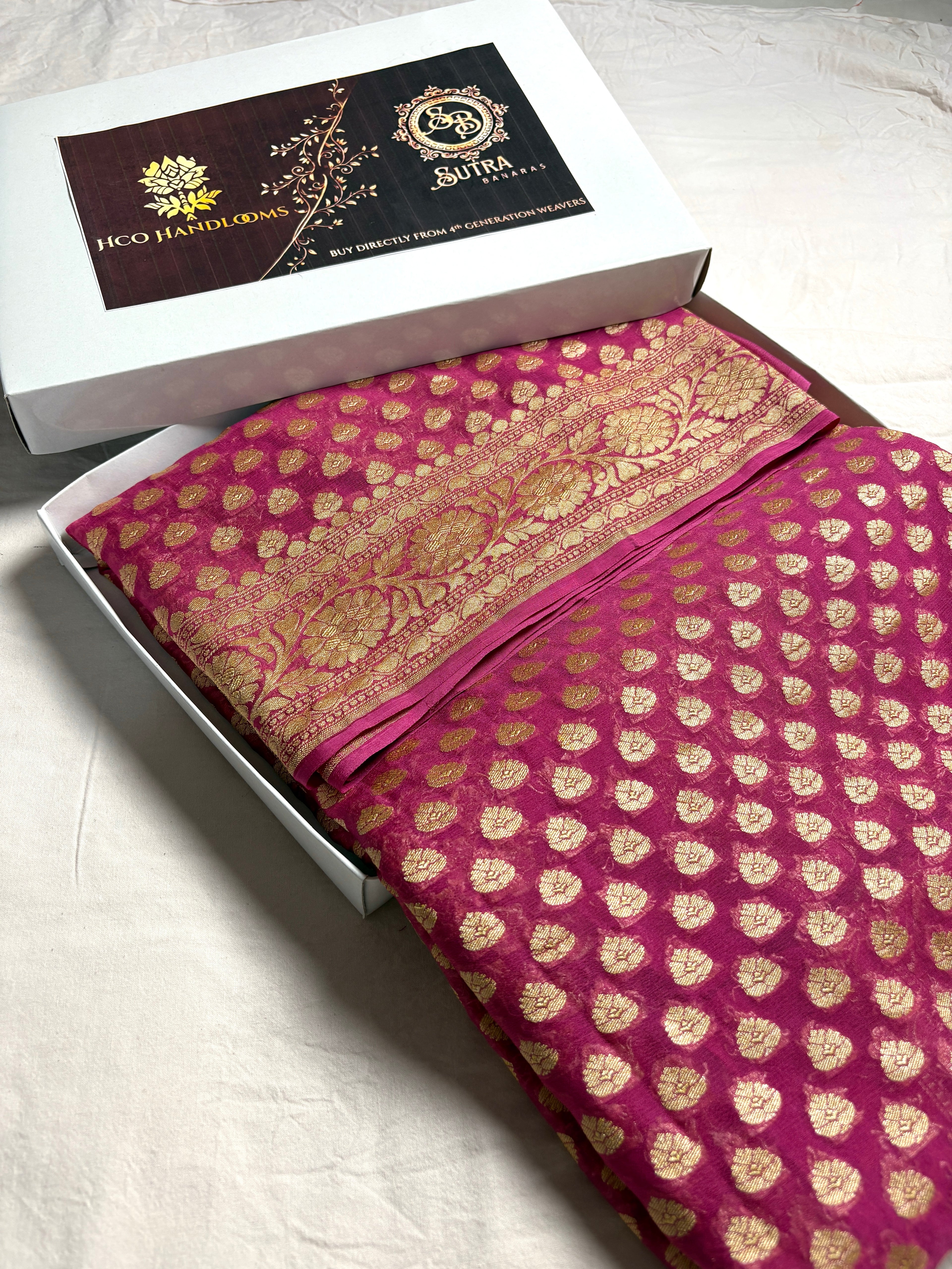Carrot Pink Pure Khaddi Georgette Silk Handloom Banarasi Saree - Gold Zari