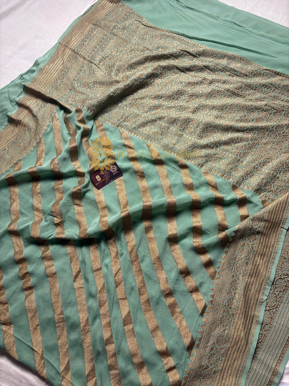 Sea Green Pure Khaddi Georgette Silk Handloom Banarasi Saree - Antique Zari