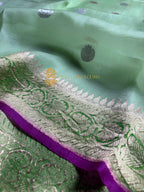Pista Pure Kora Silk Handloom Banarasi Saree - All Over Kadhua Motifs