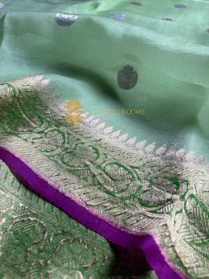Pista Pure Kora Silk Handloom Banarasi Saree - All Over Kadhua Motifs