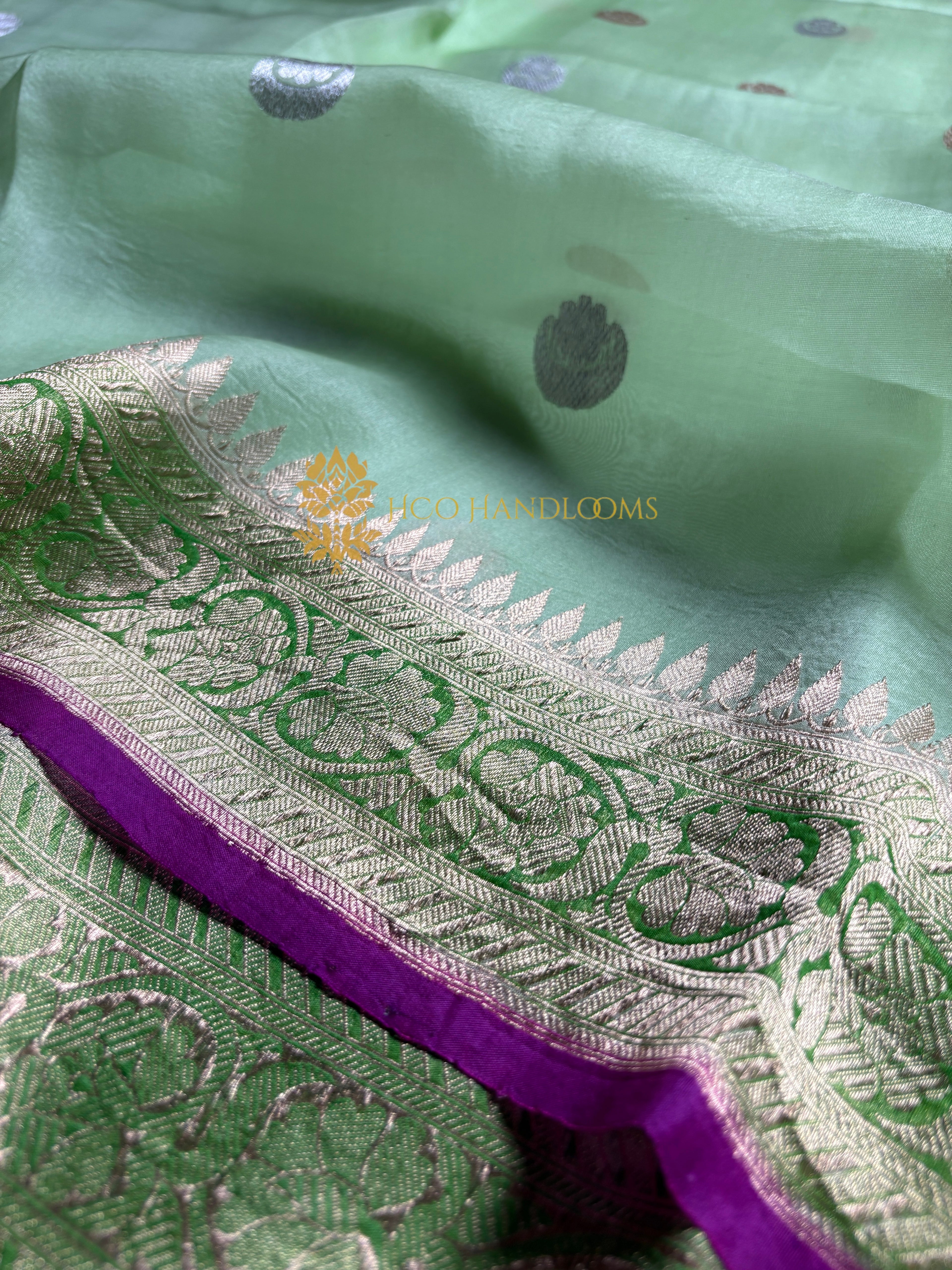 Pista Pure Kora Silk Handloom Banarasi Saree - All Over Kadhua Motifs