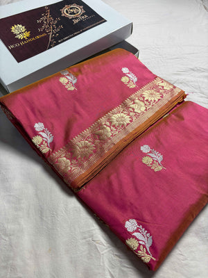 Dual Shade Pink Pure Katan Silk Handloom Banarasi Saree - All Over Kadhua Motifs