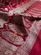 Cherry Premium Mashru Katan Silk Floral Jangla Banarasi Saree