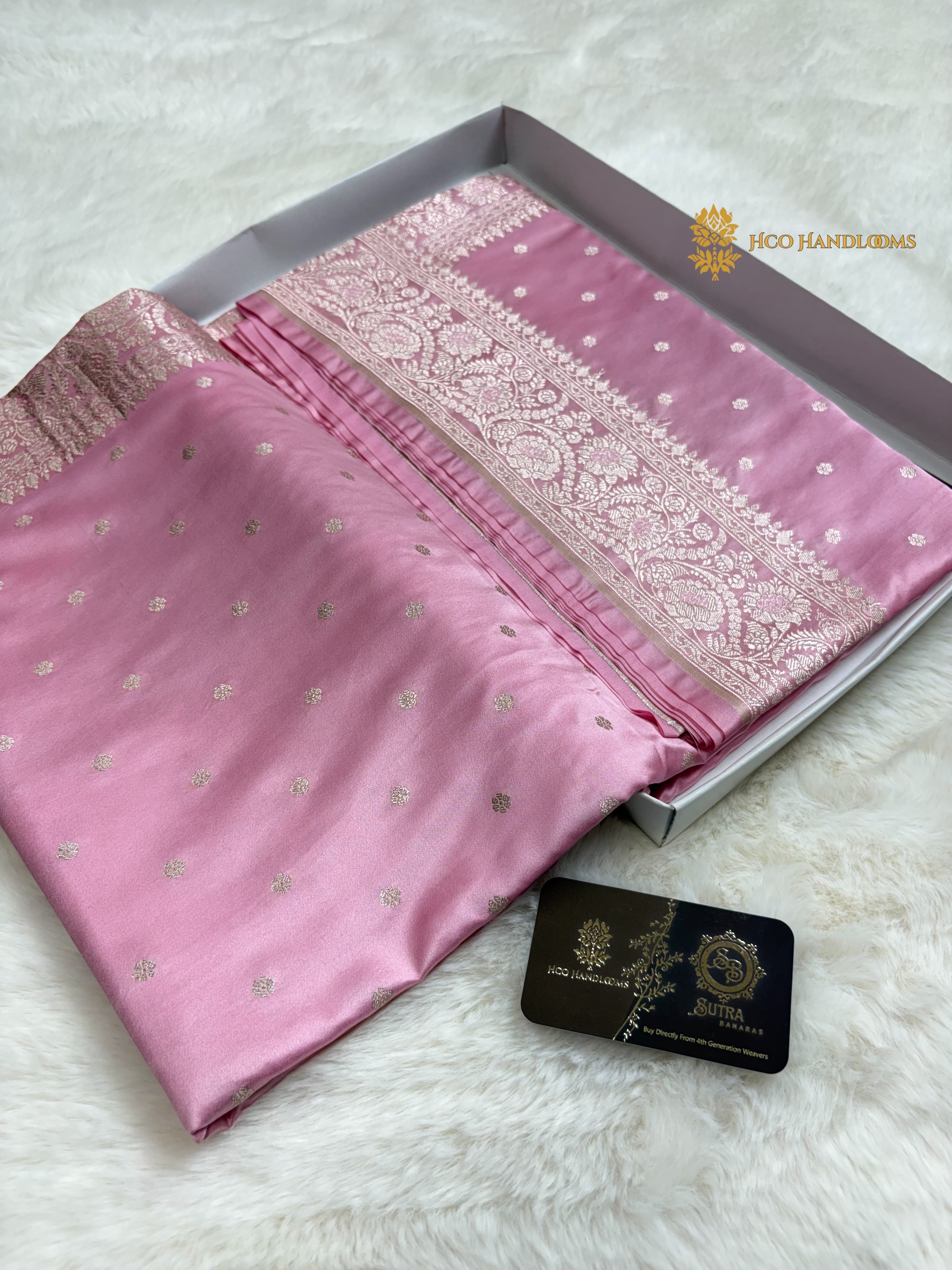 Baby Pink Premium Mashru Katan Silk Banarasi saree - Small Motifs
