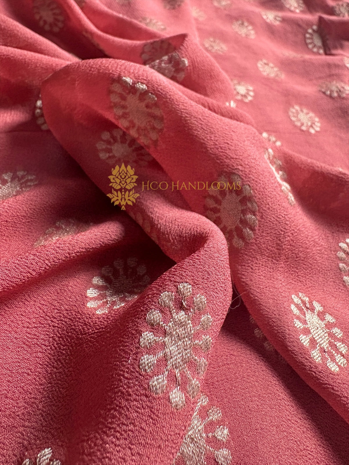Onion Pink Pure Khaddi Georgette Silk Handloom Banarasi Saree - Water Zari