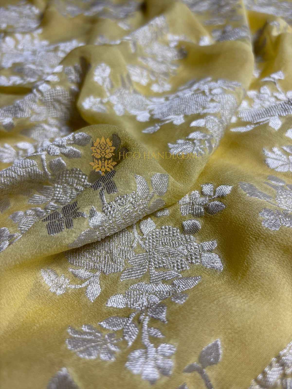 Yellow Pure Khaddi Georgette Silk Handloom Banarasi Saree - Silver Zari