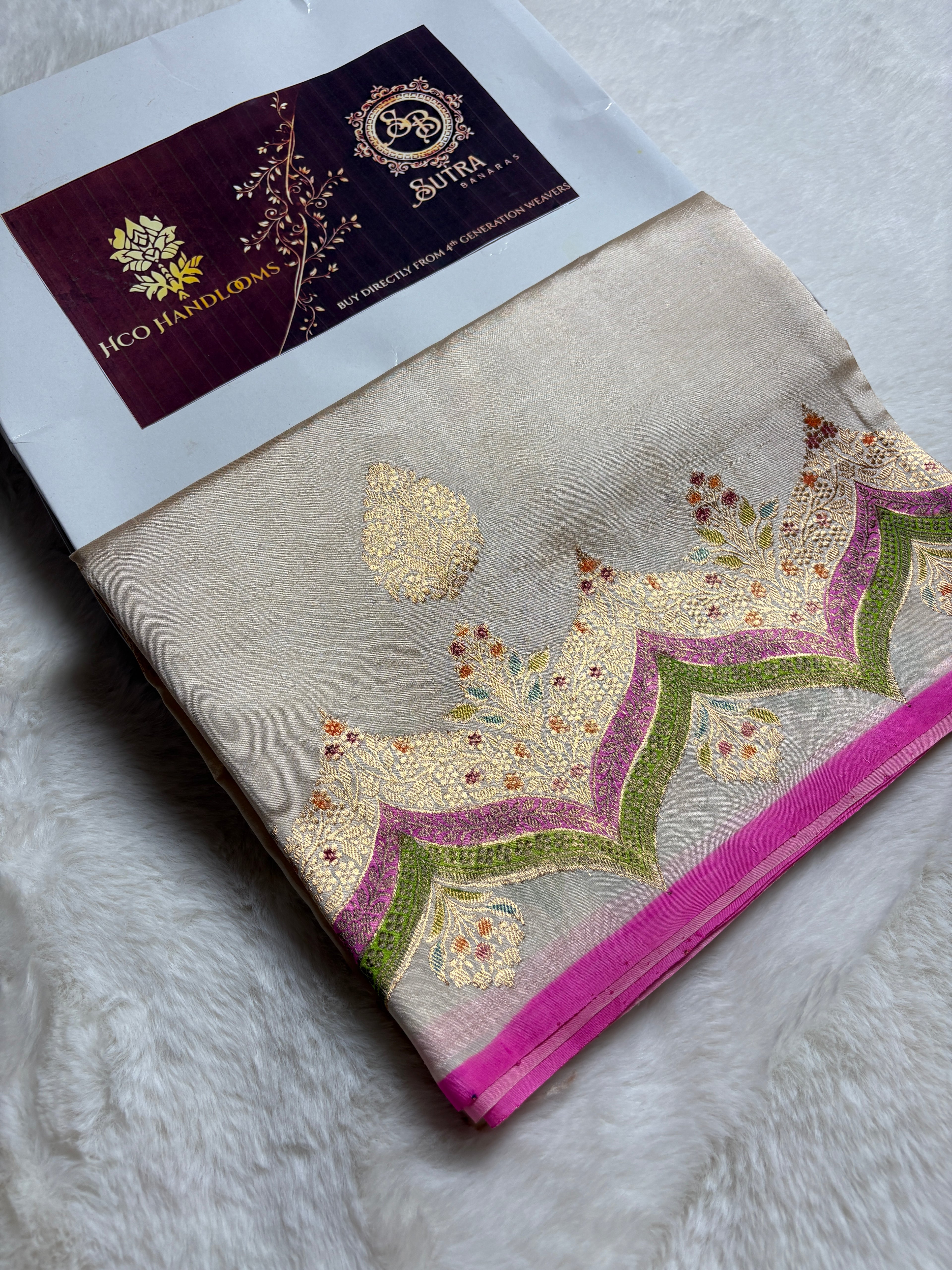 Pure Raw Mango Silk Handloom Banarasi Saree - All Over Meenakari Kadhua Motifs