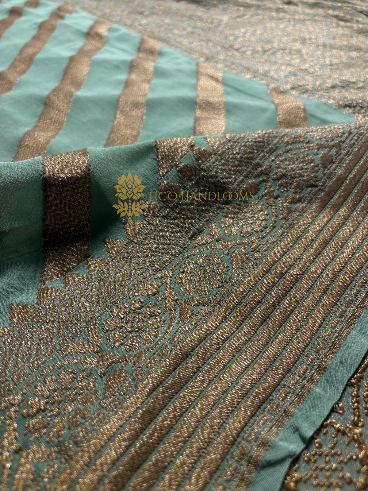 Sea Green Pure Khaddi Georgette Silk Handloom Banarasi Saree - Antique Zari