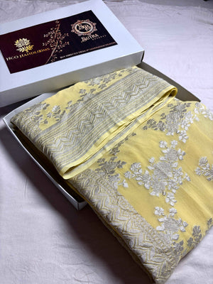 Yellow Pure Khaddi Georgette Silk Handloom Banarasi Saree - Silver Zari