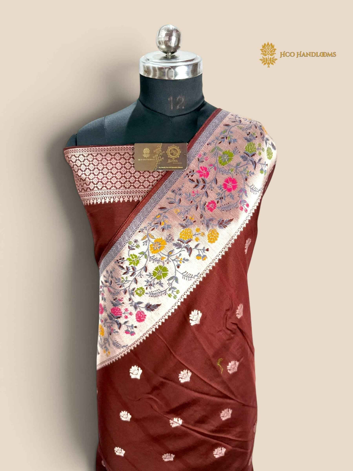 Brown Matka Tussar Silk Banarasi Saree - All Over Motifs & Paithani