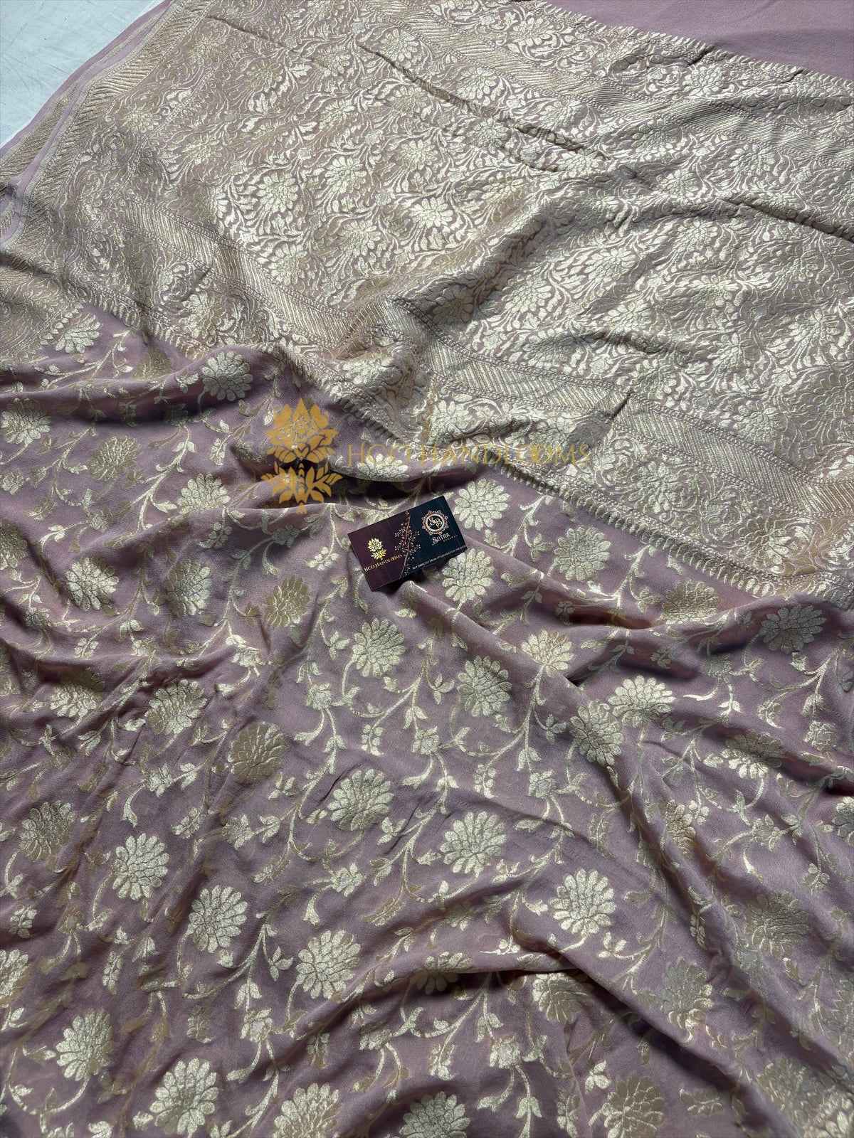 Copper Pure Khaddi Georgette Silk Handloom Banarasi Saree - Water Zari