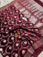 Wine Premium Mashru Katan Silk Floral Jangla Banarasi Saree