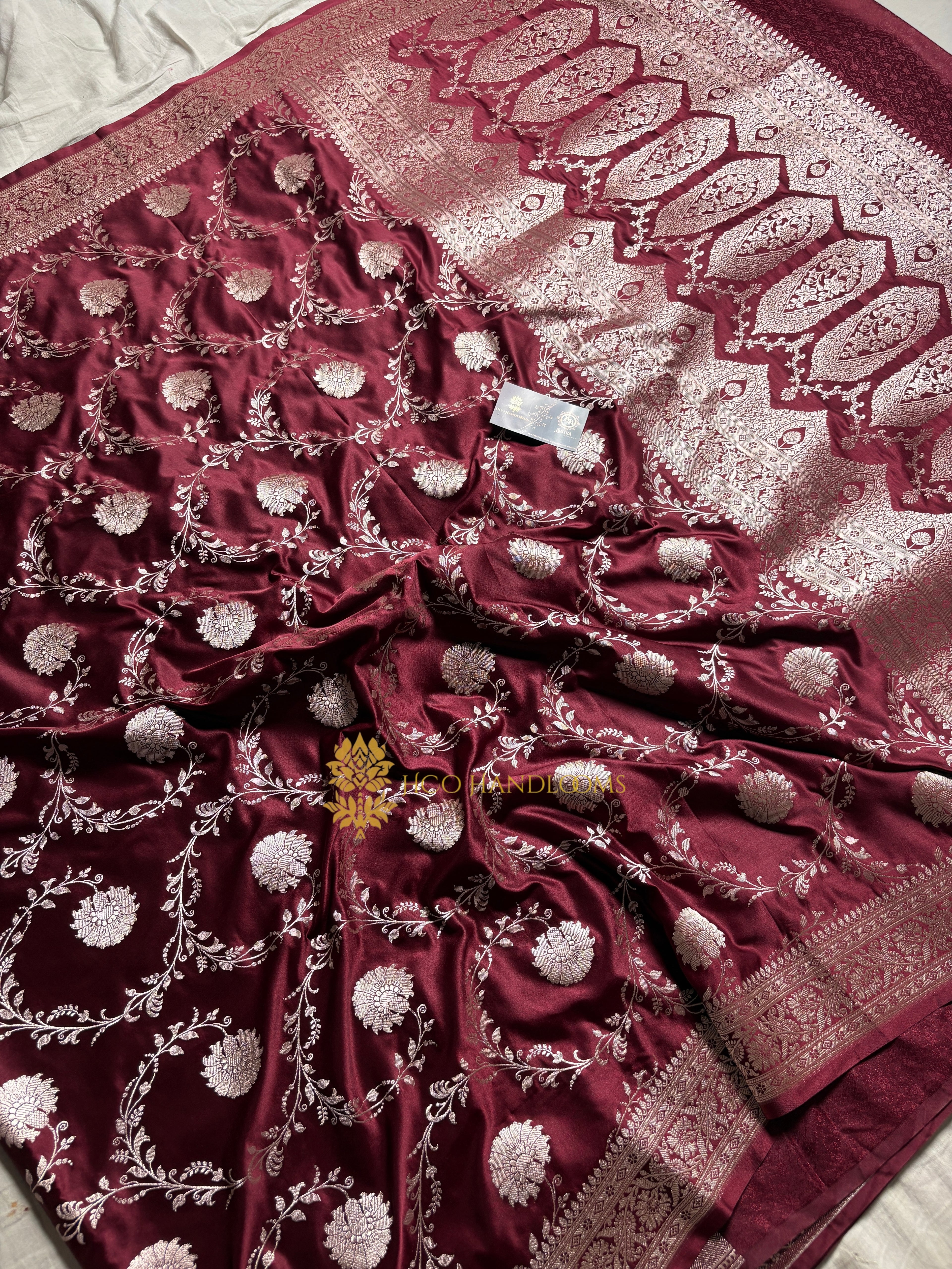 Wine Premium Mashru Katan Silk Floral Jangla Banarasi Saree