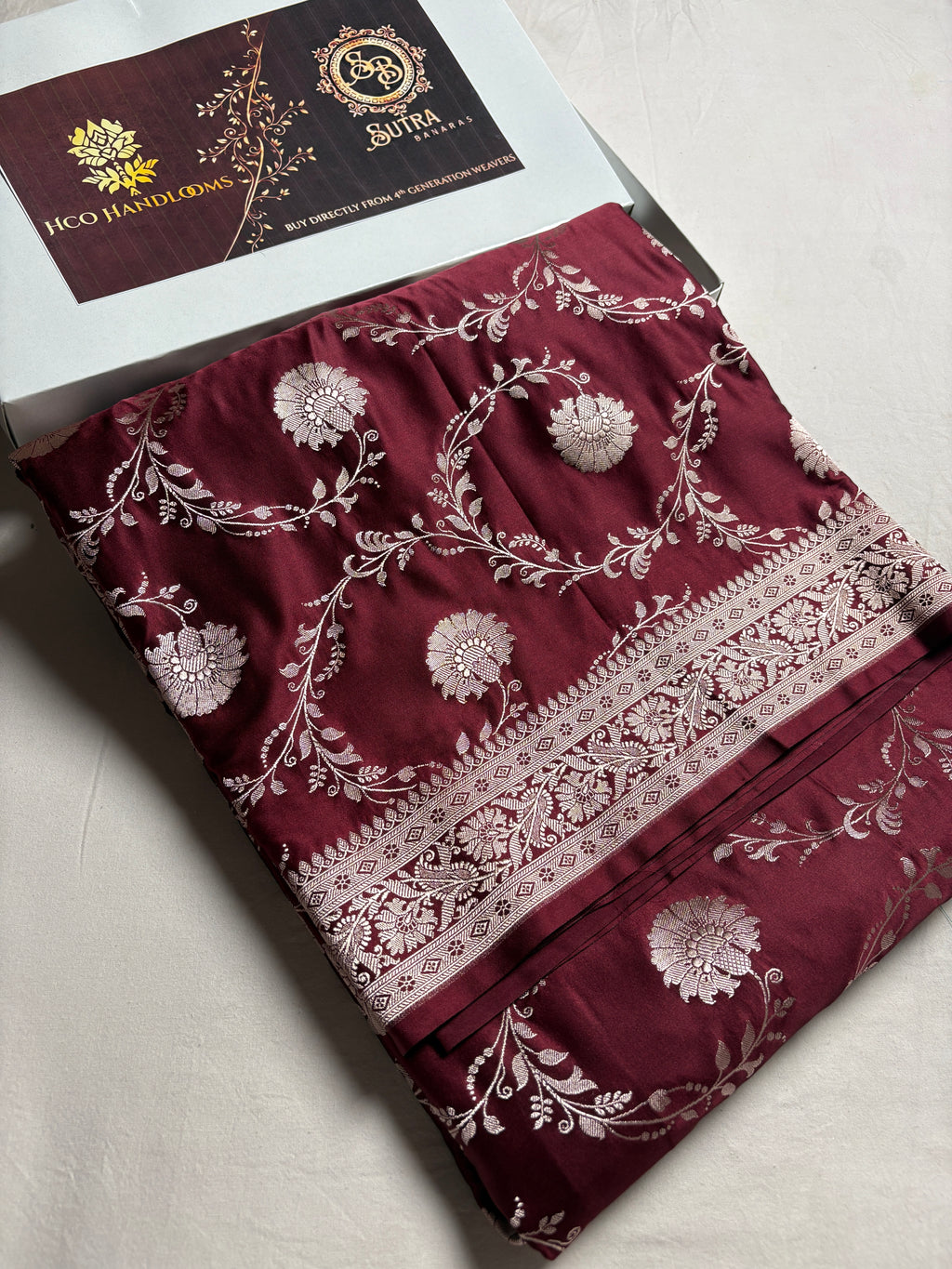 Wine Premium Mashru Katan Silk Floral Jangla Banarasi Saree