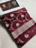 Wine Premium Mashru Katan Silk Floral Jangla Banarasi Saree