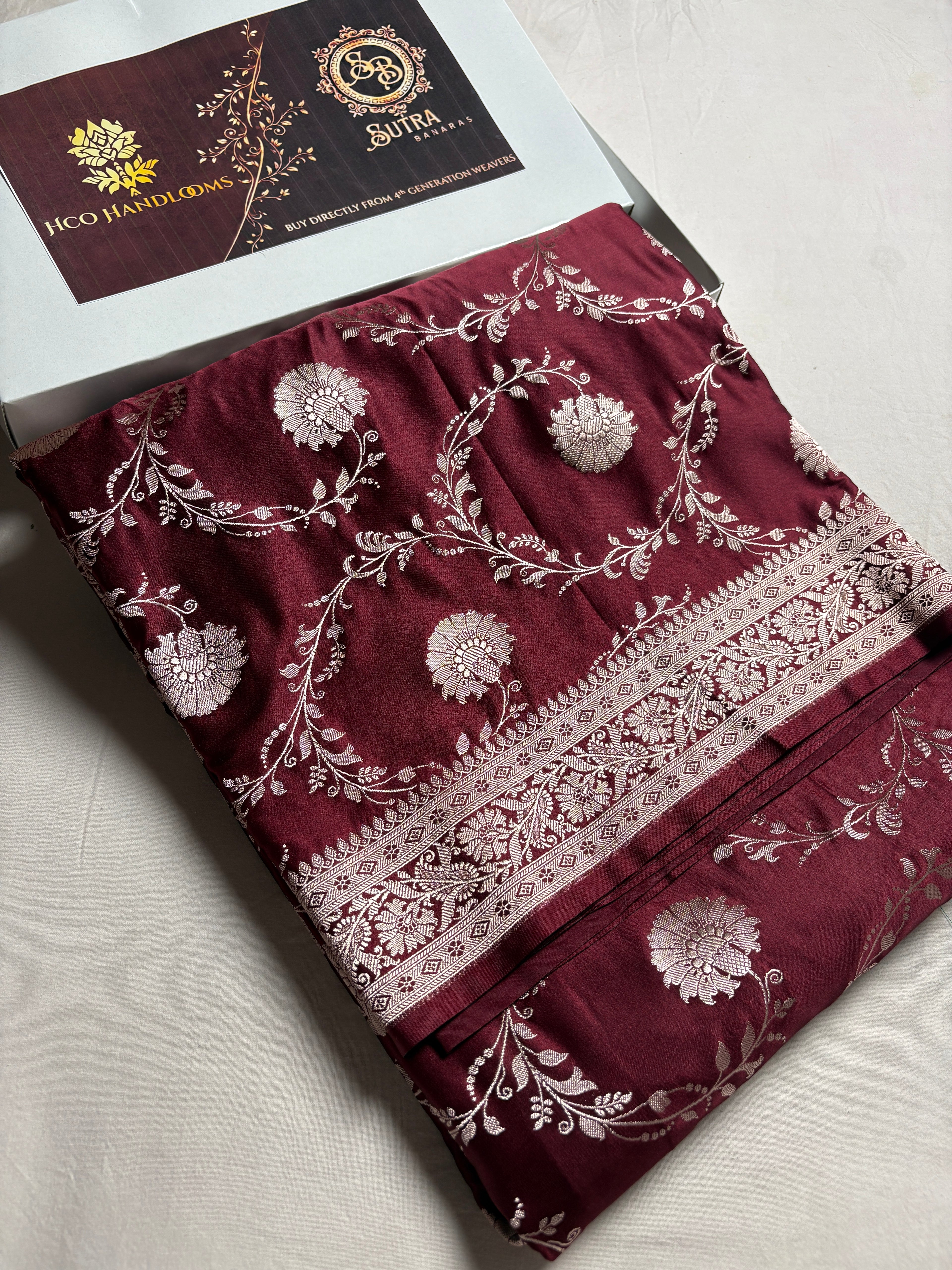 Wine Premium Mashru Katan Silk Floral Jangla Banarasi Saree