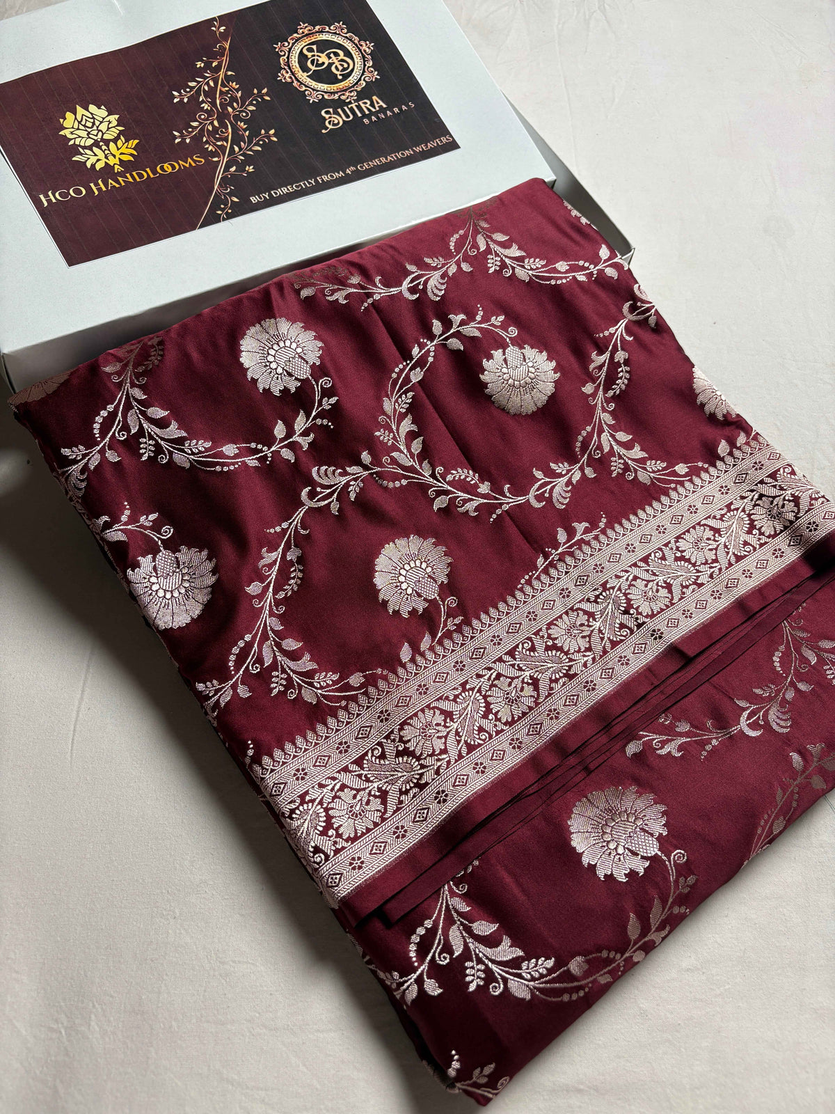 Wine Premium Mashru Katan Silk Floral Jangla Banarasi Saree
