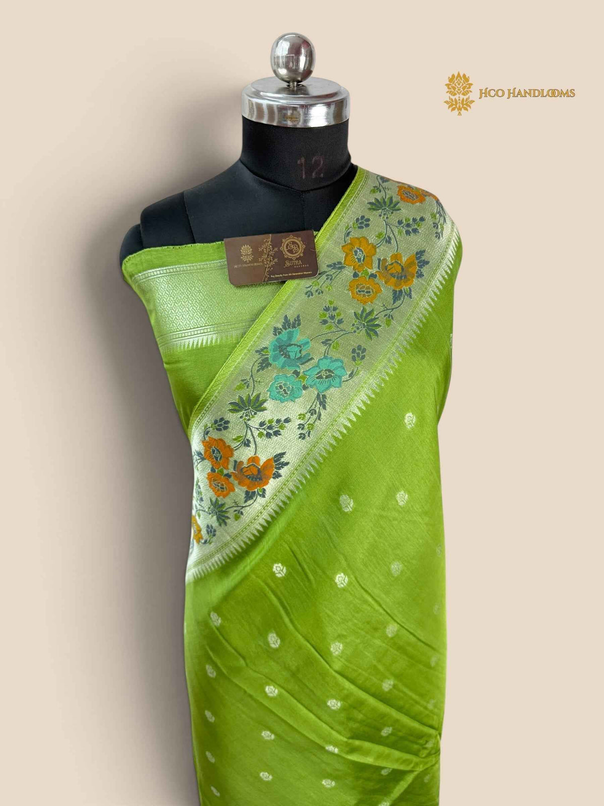 Green Matka Tussar Silk Banarasi Saree - All Over Motifs & Paithani