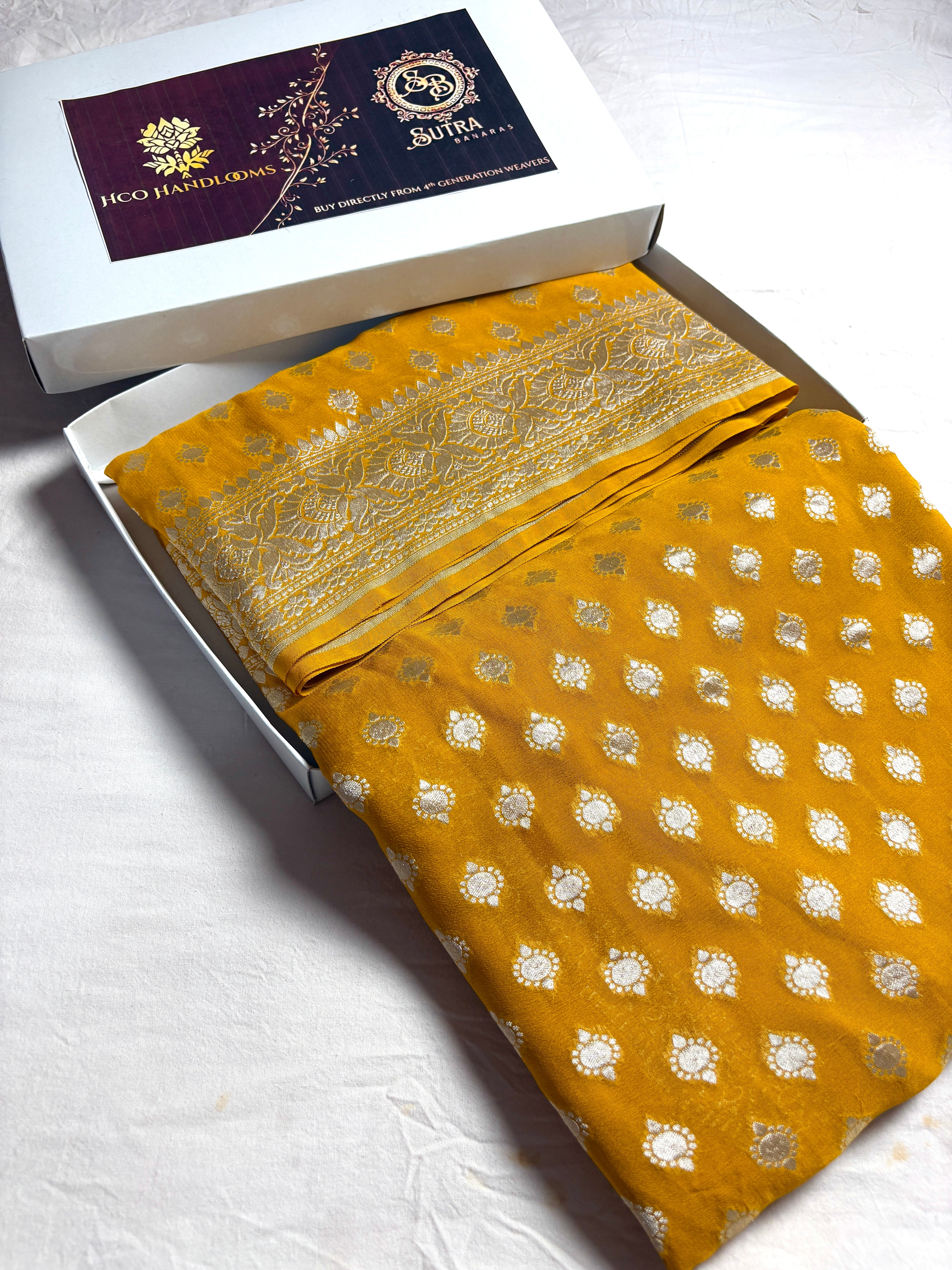 Gold Pure Khaddi Georgette Silk Handloom Banarasi Saree - Silver Zari