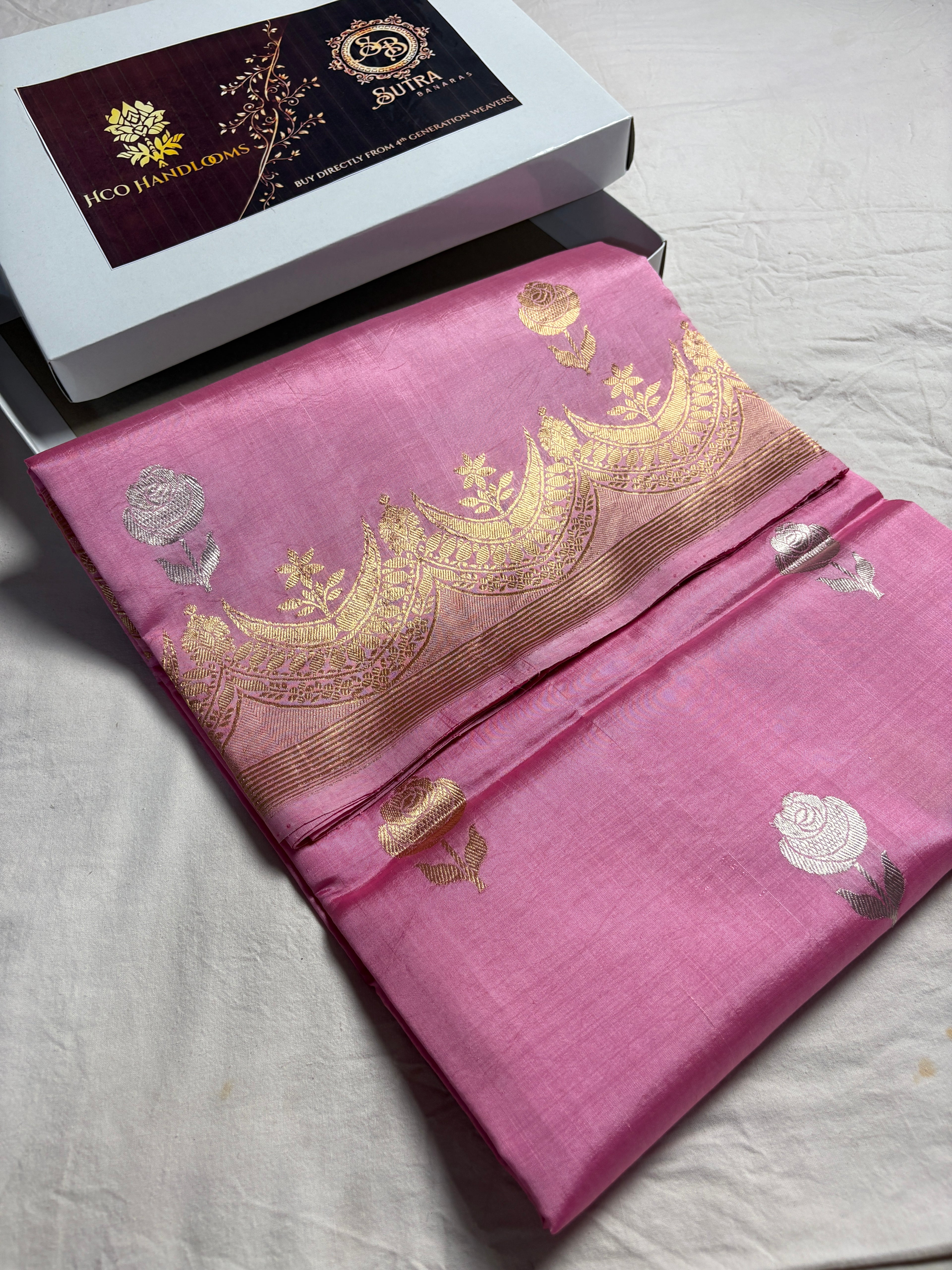 Pink Pure Raw Mango Silk Handloom Banarasi Saree - All Over Kadhua Motifs