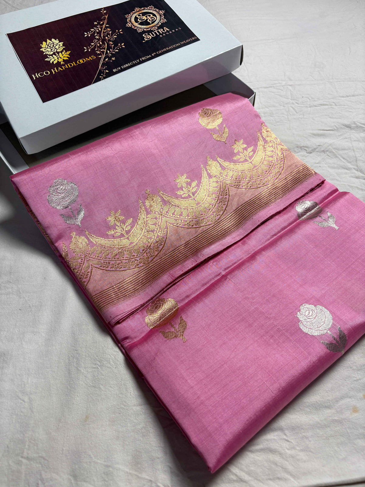 Pink Pure Raw Mango Silk Handloom Banarasi Saree - All Over Kadhua Motifs