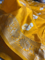 Mustard Pure Katan Silk Handloom Banarasi Saree - All Over Kadhua Motifs