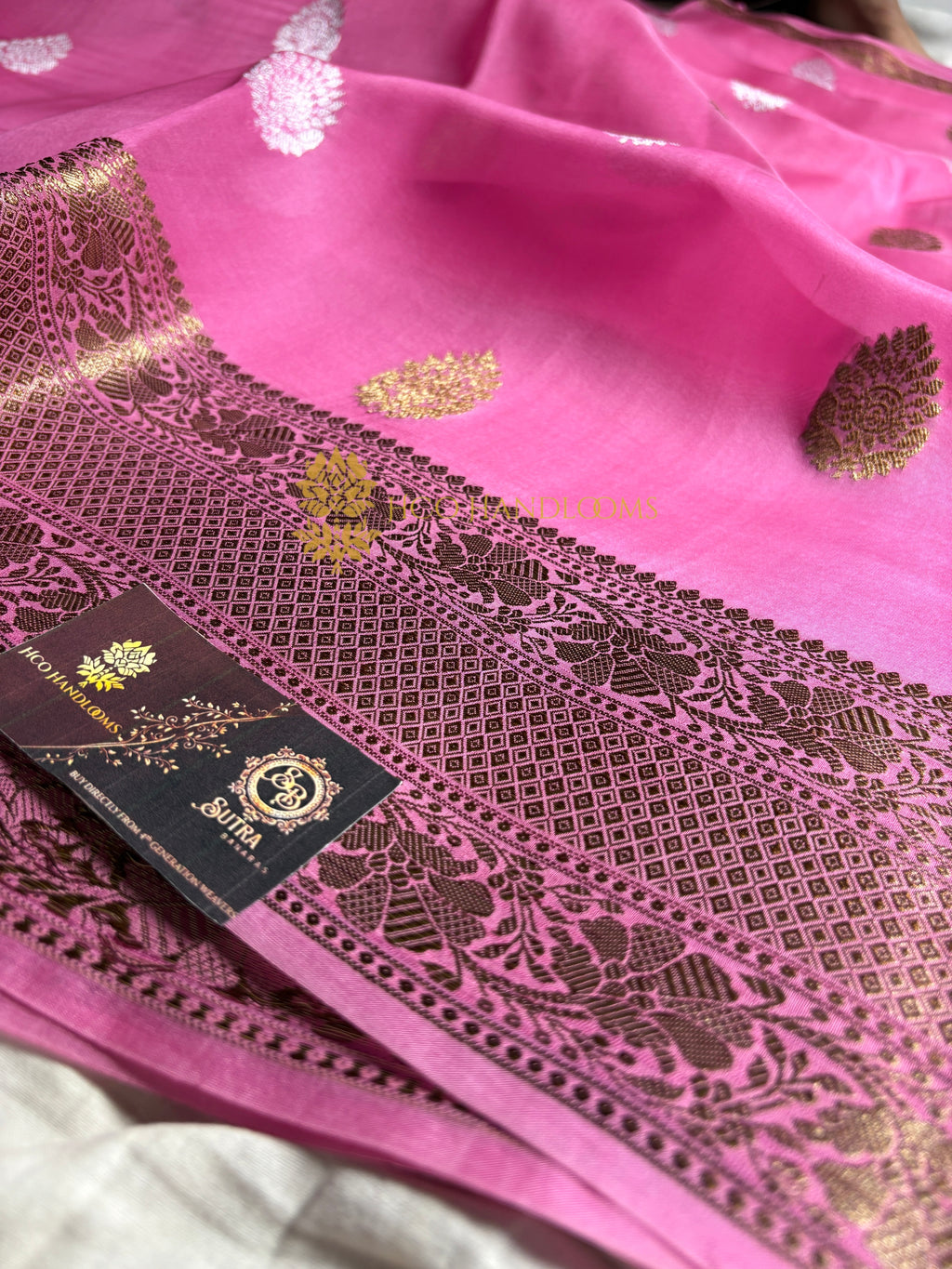 Pink Pure Kora Silk Handloom Banarasi Saree - All Over Kadhua Motifs