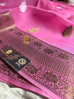 Pink Pure Kora Silk Handloom Banarasi Saree - All Over Kadhua Motifs