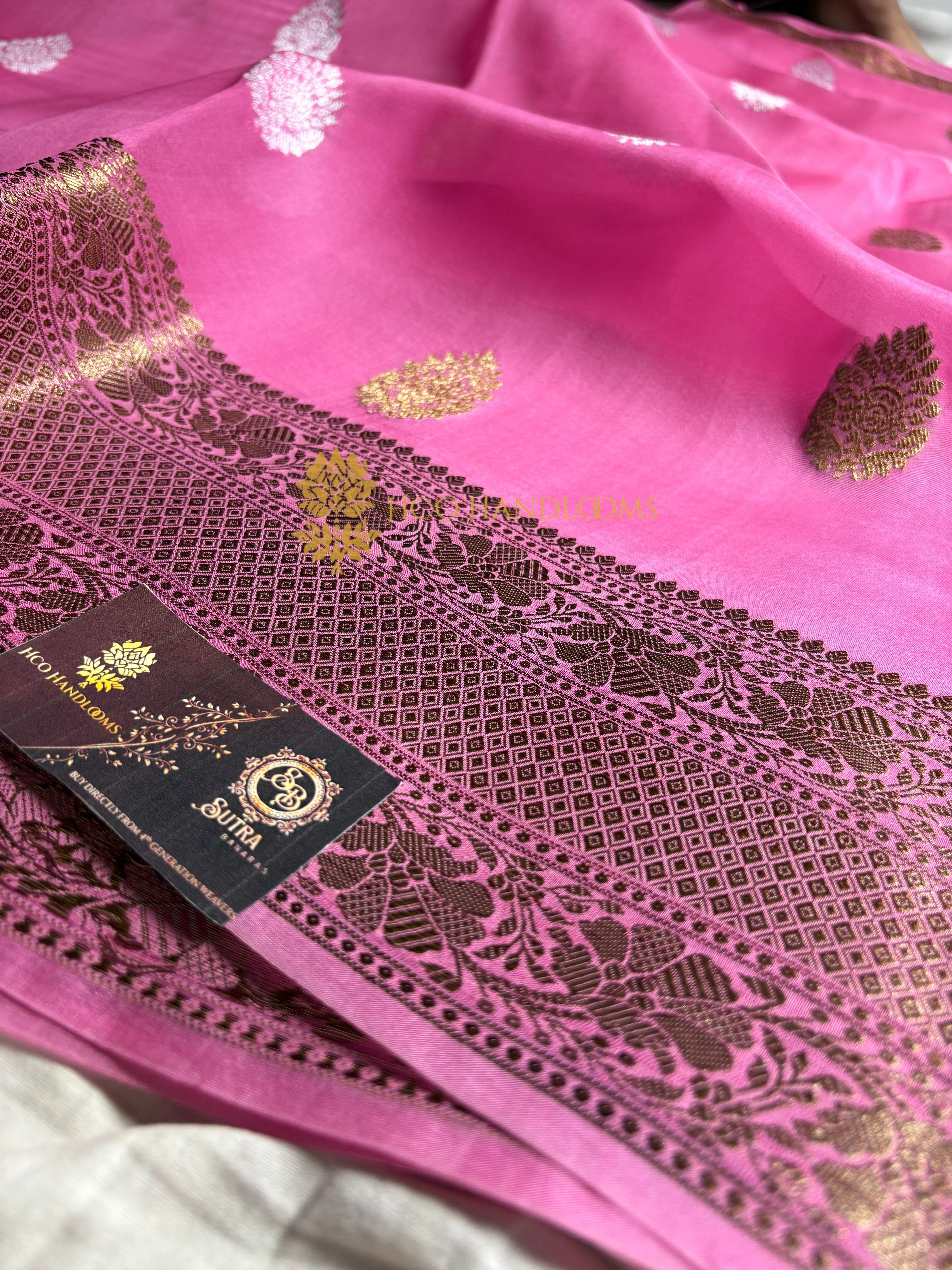 Pink Pure Kora Silk Handloom Banarasi Saree - All Over Kadhua Motifs