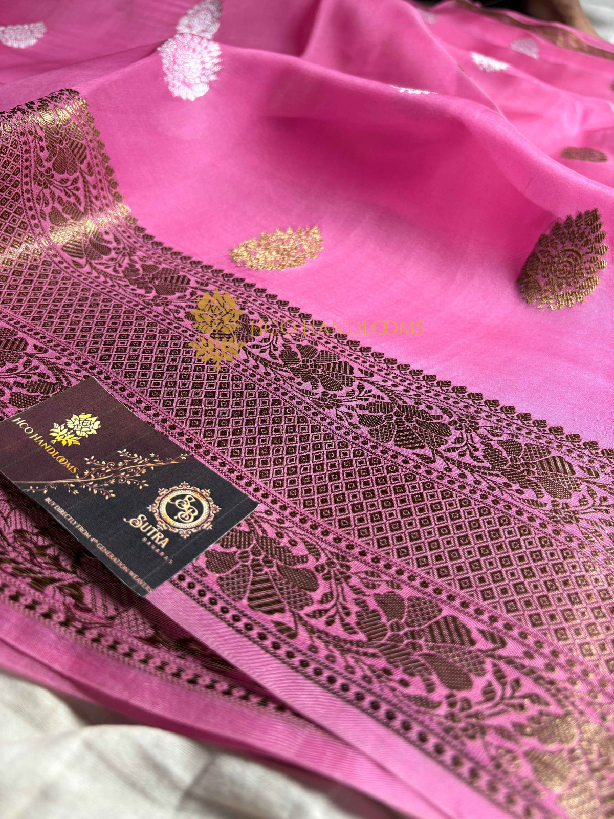 Pink Pure Kora Silk Handloom Banarasi Saree - All Over Kadhua Motifs