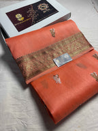 Peach Pure Kora Silk Handloom Banarasi Saree - All Over Kadhua Motifs
