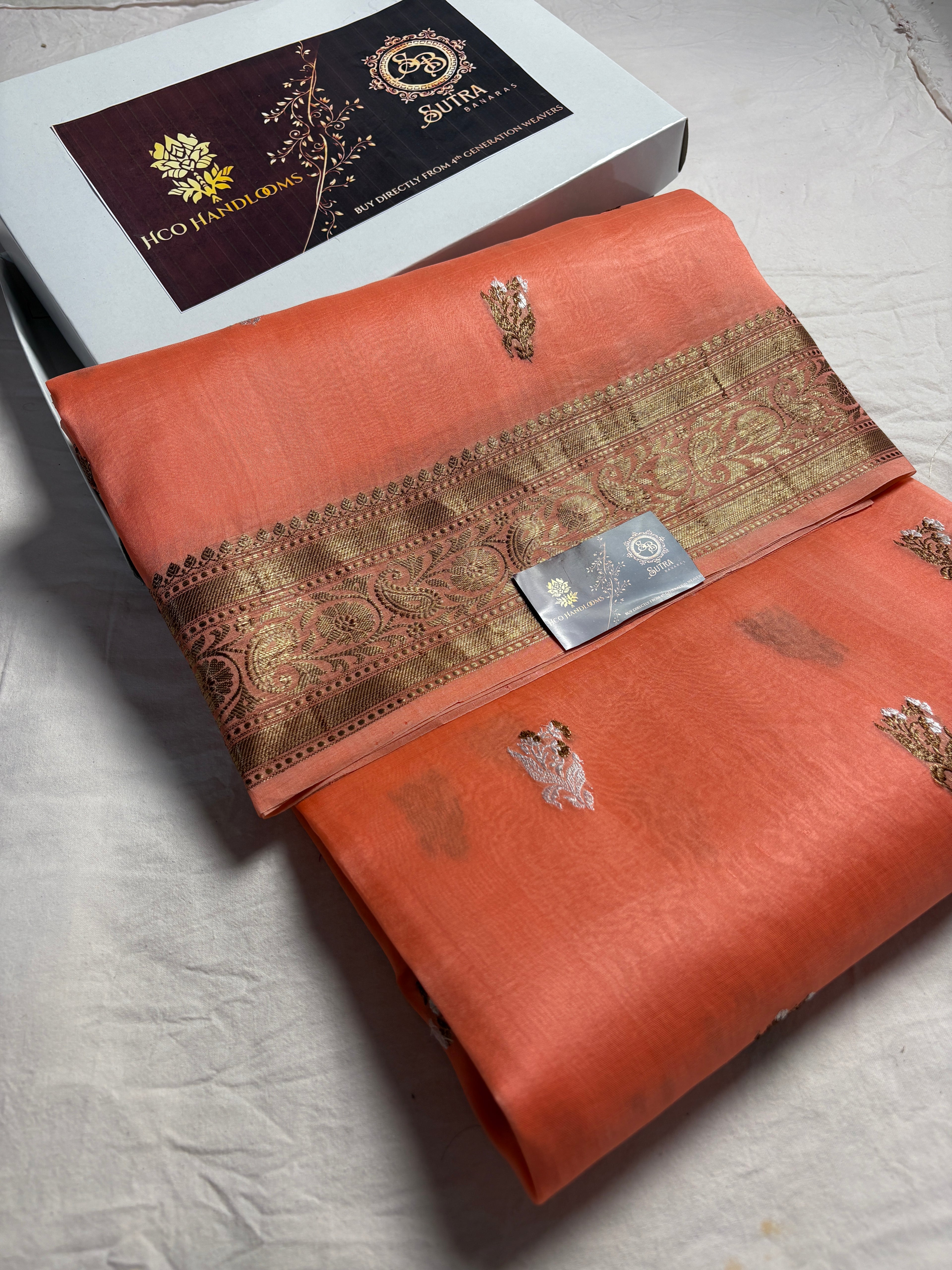 Peach Pure Kora Silk Handloom Banarasi Saree - All Over Kadhua Motifs