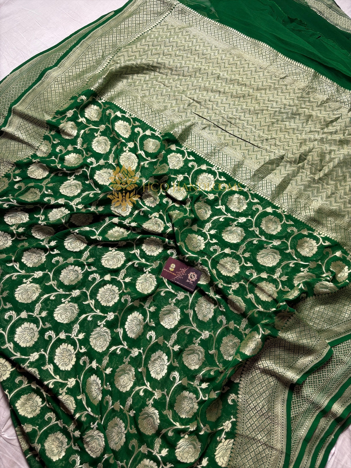 Green Pure Khaddi Georgette Silk Handloom Banarasi Saree - Water Zari