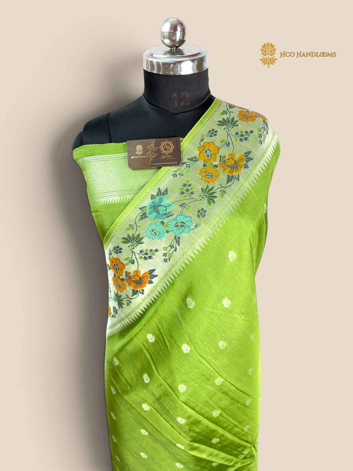 Green Matka Tussar Silk Banarasi Saree - All Over Motifs & Paithani