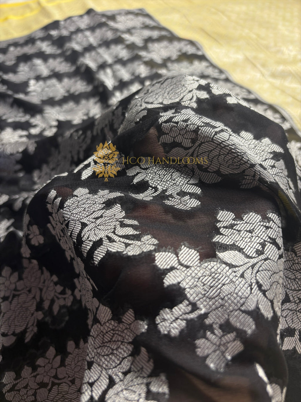 Black Pure Khaddi Georgette Silk Handloom Banarasi Saree - Silver Zari