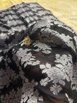 Black Pure Khaddi Georgette Silk Handloom Banarasi Saree - Silver Zari