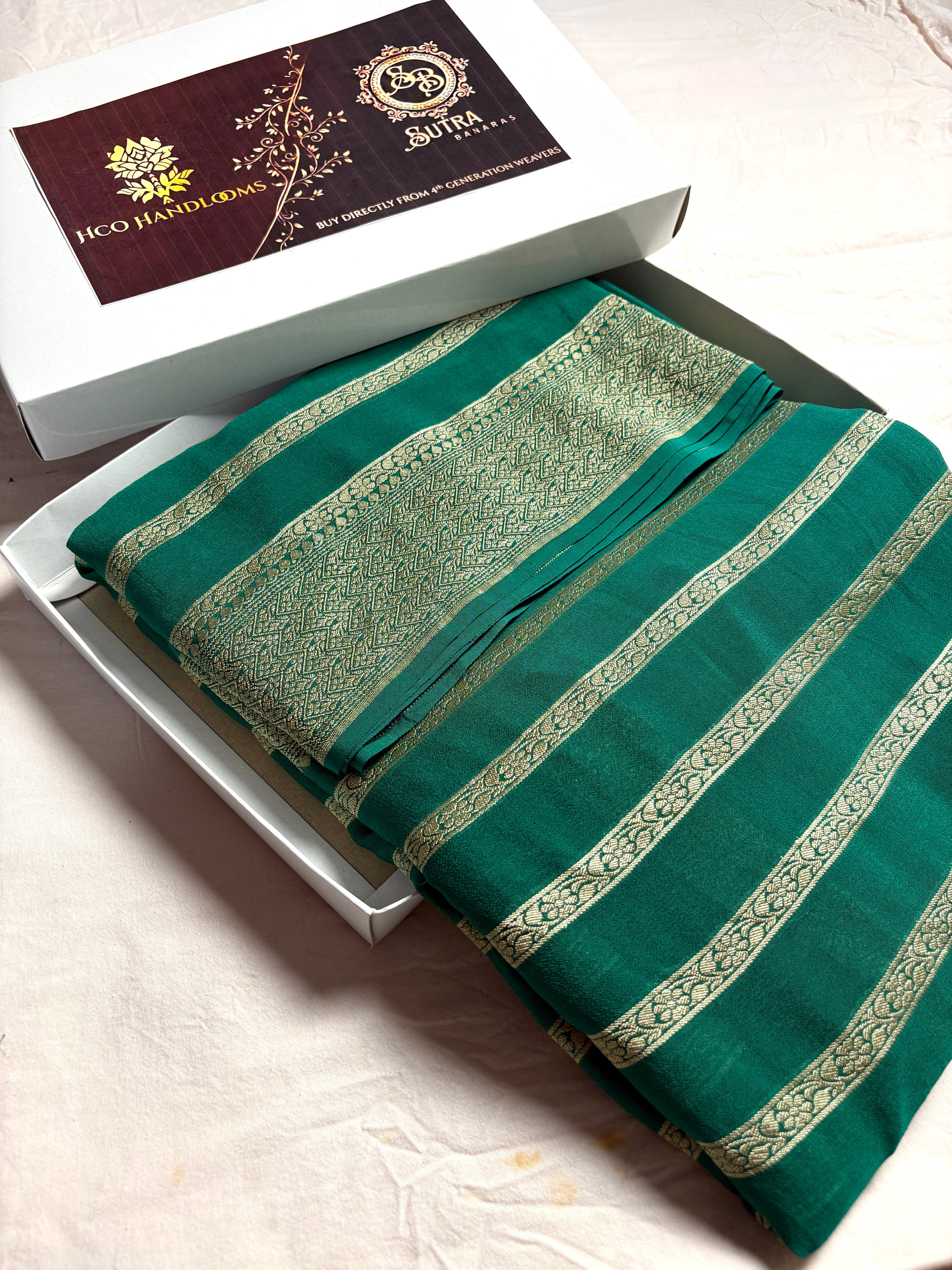 Emerald Green Pure Khaddi Georgette Silk Handloom Banarasi Saree - Water Zari