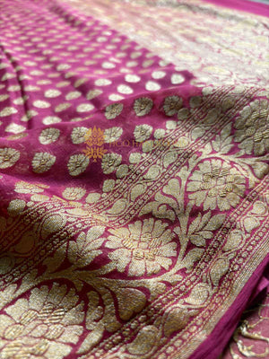 Carrot Pink Pure Khaddi Georgette Silk Handloom Banarasi Saree - Gold Zari