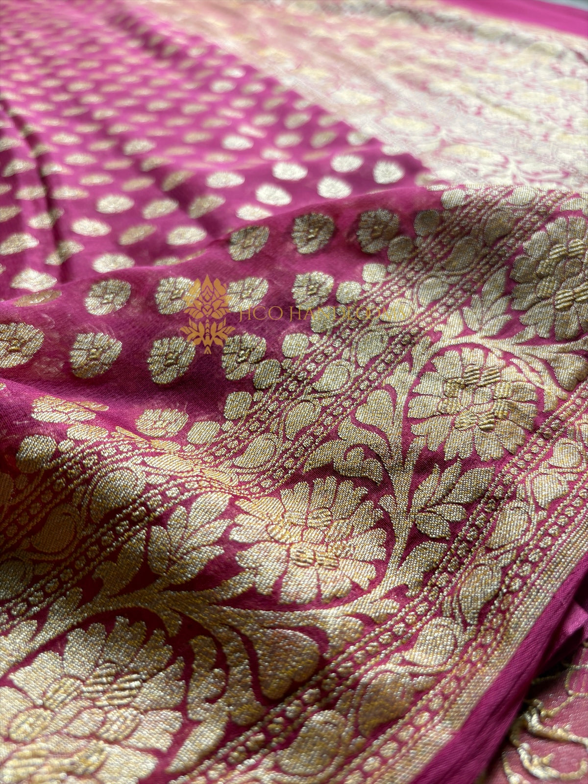 Carrot Pink Pure Khaddi Georgette Silk Handloom Banarasi Saree - Gold Zari